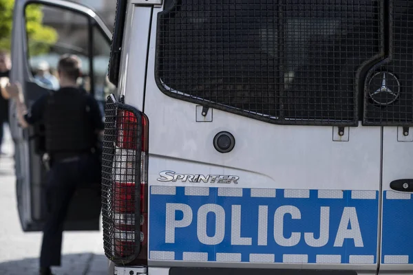 Carro Polícia Rua Cracóvia Polónia 2019 — Fotografia de Stock