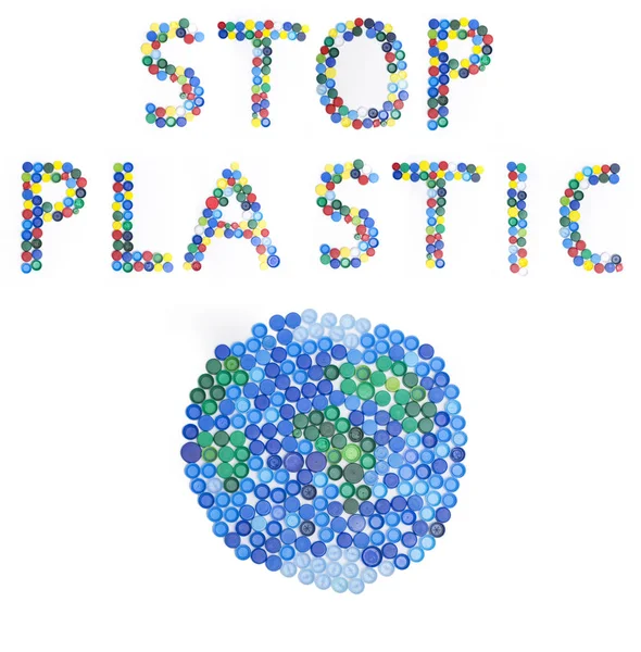 Kelime Stop Plastic Bootle Kap Tarafından Yazılmış — Stok fotoğraf