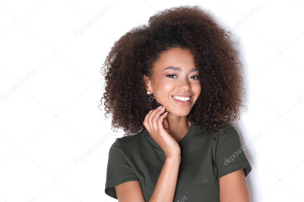 Big smile from thus beautiful afro-amercian model.