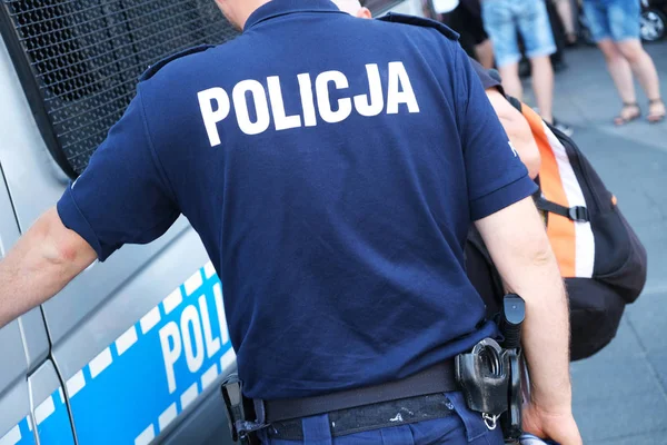 Katowice Polonya Ağustos 2019 Görev Başında Polis Polis Logosunun Kapatılması — Stok fotoğraf