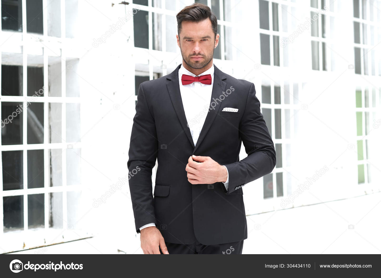 Classy Look Always Best Man Wearing Black Suit Red Bow Stock Photo by ...