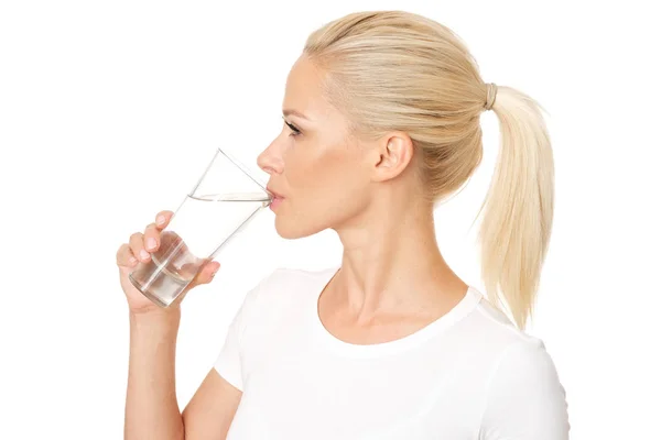 Profilová Fotka Zdravé Hezké Ženy Pije Sklenici Vody Model Izolován — Stock fotografie