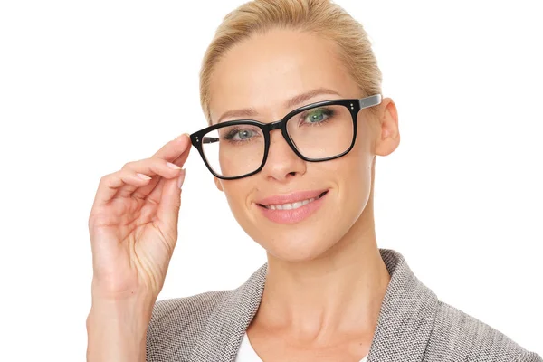 Mulher Negócios Bonita Óculos Isolar Don Fundo Branco — Fotografia de Stock
