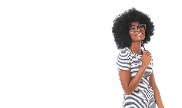 Estudante Feliz Com Caneta Está Pensando Muito Positivo — Fotografia de Stock