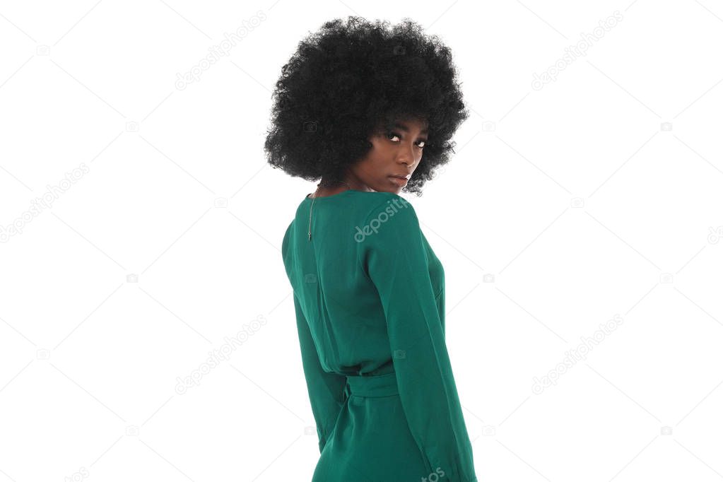 Beauty picture of afro-american girl in green dress isolated on white background.