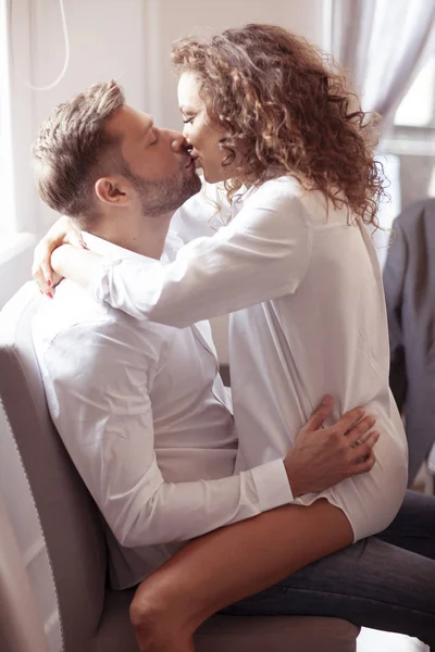 Sexy Couple Kissing Kitchen Good Morning Lovely People — Stock Photo, Image