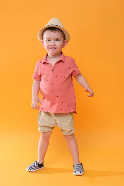 Very Happy Boy Wearing Summer Outfit Studio Shoot Orange Background — Stock Photo, Image
