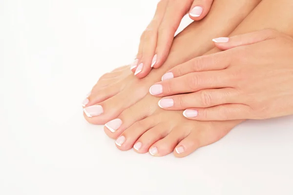 Female Hands Feet White Background Studio Shoot — Stock Photo, Image