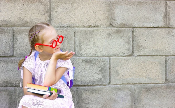 Klein meisje met blond haar in vlechten zit op een stoel met een rugzak op zijn rug en boeken in zijn handen — Stockfoto