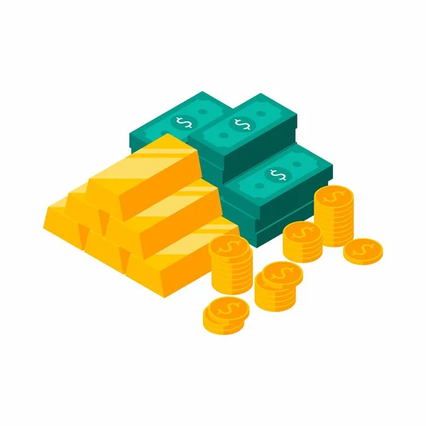 Zlatý Bar Hromada Dolary Peníze Dolar Balík Peněz Peníz Izometrický — Stockový vektor