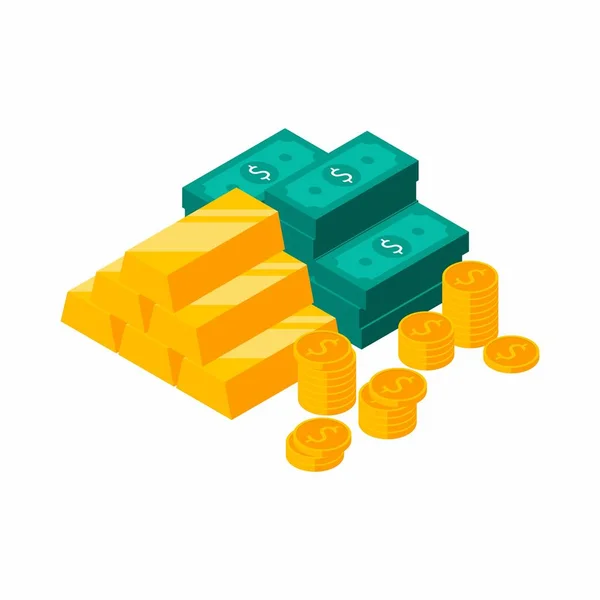 Altın barlar kazık, dolar demetleri, para, dolar, para yığını, sikke, Izometrik, finans, Iş, hiçbir arka plan, vektör, düz simge, servet ve durum para Illustration.