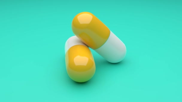 Two White Yellow Pills Rotating Green Background Seamless Looping Uhd — Stock Video