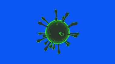 COVID-19 Coronavirus Hücre Düşük Polonyalı Yeşil izole edildi. Mavi Ekran. 4K UHD. 3d oluşturma. 