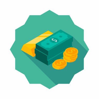 Altın Çubuk, Dolar ve Sikke ikonu vektörü izometrik.
