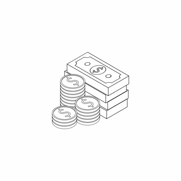 美元货币和硬币 黑色轮廓图标矢量等距 — 图库矢量图片