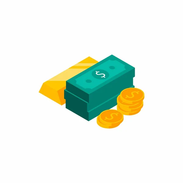 Altın Çubuk, Dolar ve Para - Beyaz Arkaplan ikon vektörü izometrik.