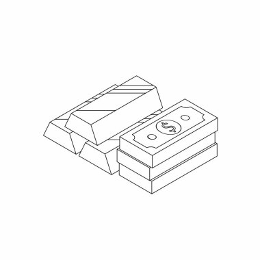 Altın Çubuk ve Dolar - Siyah Taslak ikon vektörü izometrik.