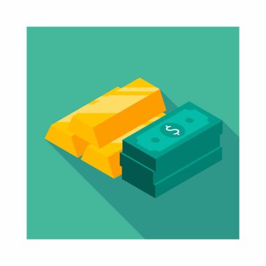Altın Çubuk ve Dolar simgesi vektörü izometrik.