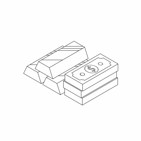 Altın Çubuk ve Dolar - Siyah Taslak ikon vektörü izometrik.