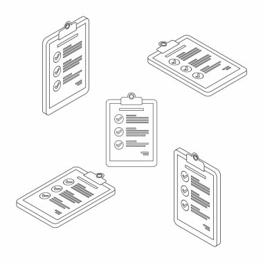 Kontrol Listesi Isometric & Düz - Siyah Çizgi ikonu vektörü.