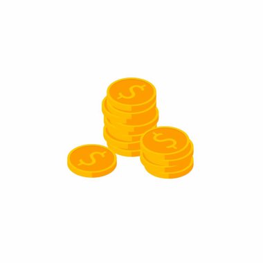 Altın sikkeler beyaz arkaplan vektörü izometrik yığın.