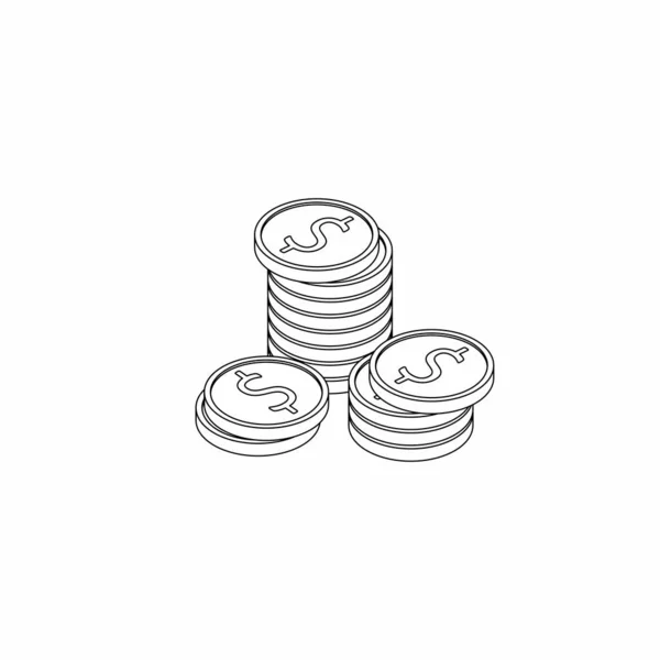 Monedas Oro Pila Esquema Negro Icono Vector Isométrico — Vector de stock