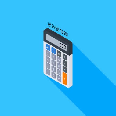 Hesap makinesi ve dijital numara sol görünüm vektörü izometrik.