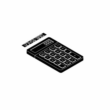 Hesap makinesi ve Dijital numara sağ görünüm Beyaz Çizgi ikon vektörü izometrik.