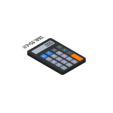 Hesap makinesi ve Dijital numara sağ görünüm Beyaz Arkaplan ikon vektörü izometrik.