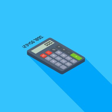 Hesap makinesi ve Dijital numara sağ görünüm ikon vektörü izometrik.