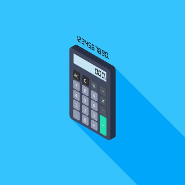 Hesap makinesi ve dijital numara sol görünüm vektörü izometrik.