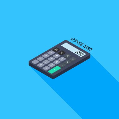 Hesap makinesi ve dijital numara sol görünüm vektörü izometrik.