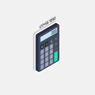 Hesap makinesi ve Dijital numara sağ görünüm Beyaz Vuruş ve Gölge ikon vektörü izometrik.