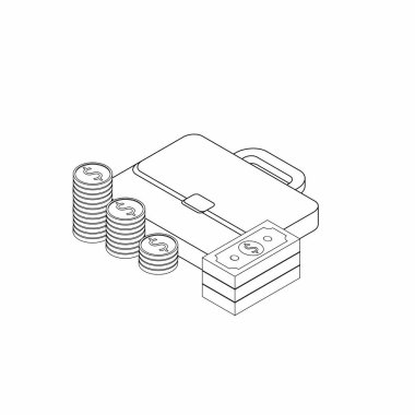 Evrak çantası, dolar para nakit ikonu, altın para yığını Black Outline ikon vektör izometrik görüntü bıraktı. Düz biçim vektör illüstrasyonu.