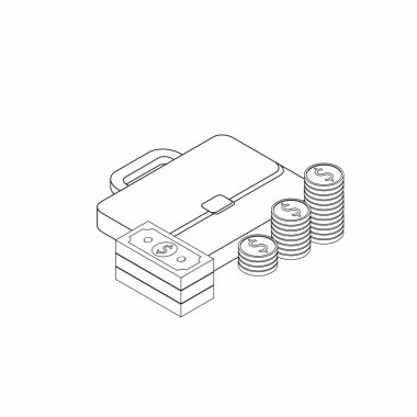 Evrak çantası, dolar para nakit ikonu, altın para yığını sağ görüşlü Black Outline ikon vektör izometrik. Düz biçim vektör illüstrasyonu.