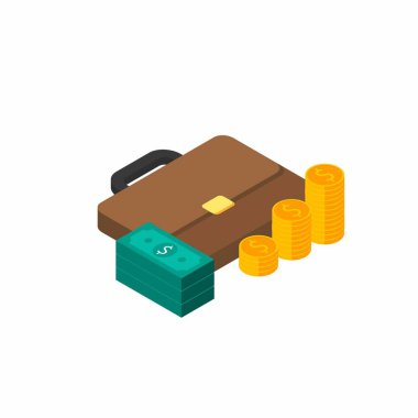 Evrak çantası, Dolar para nakit ikonu, Altın para yığını, Beyaz Arkaplan ikon vektörü izometrik. Düz biçim vektör illüstrasyonu.