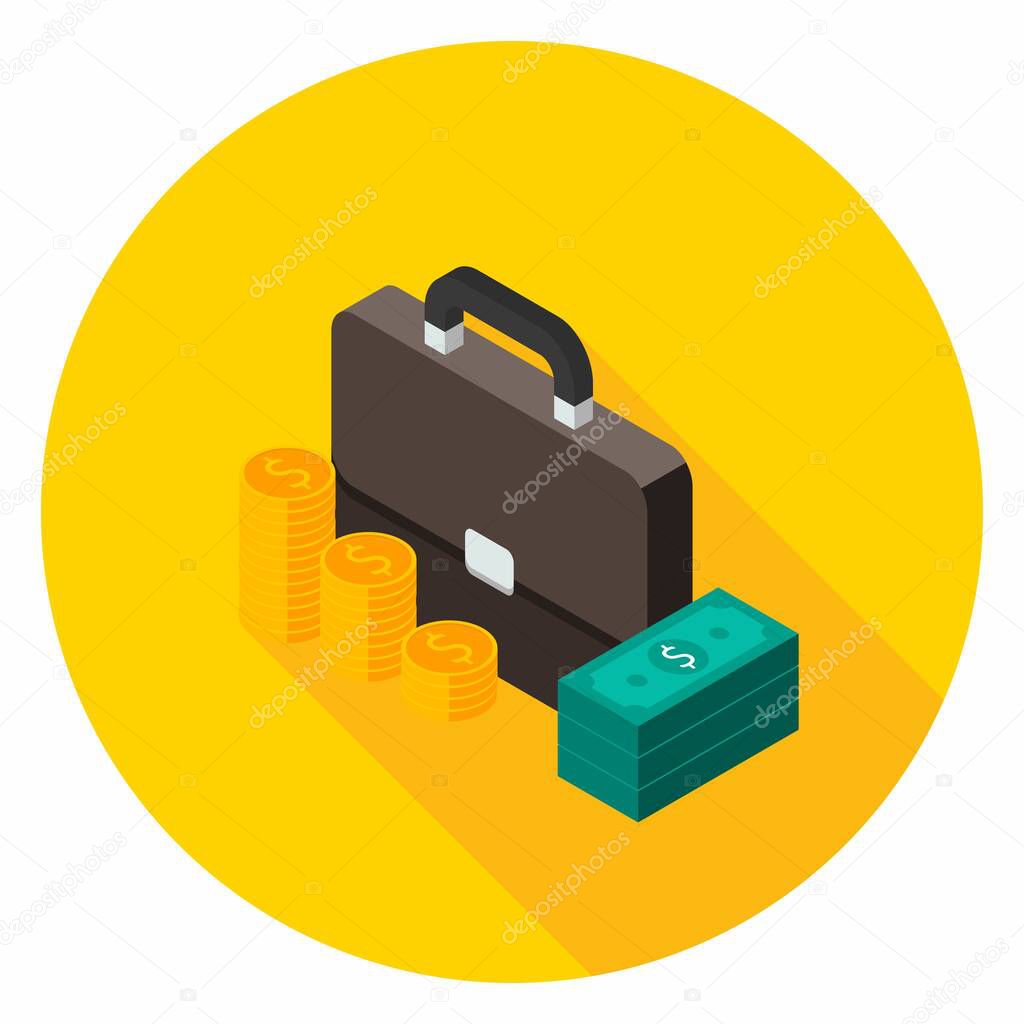 Briefcase, Dollar money cash icon, Gold coin stack left view icon vector isometric. Flat style vector illustration.