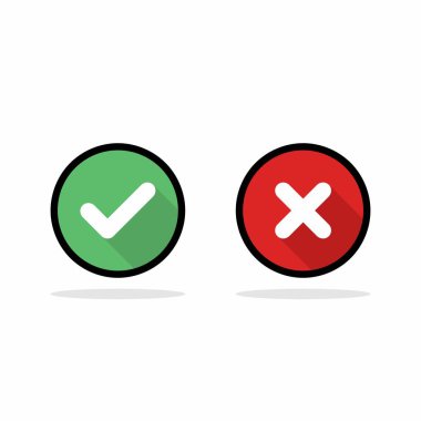 İşaretle ve yanlış işaretle, işaretle, işaretle / işaretle, kabul et / reddet, onayla / onayla, evet / hayır, doğru / yanlış, yeşil / kırmızı, doğru / yanlış, OK / Not Ok - vektör sembolleri yeşil ve kırmızı. Siyah vuruş ve gölge tasarımı. İzole edilmiş simge.