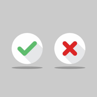 İşaretle ve yanlış işaretle, işaretle, işaretle / işaretle, kabul et / reddet, onayla / onayla, evet / hayır, doğru / yanlış, yeşil / kırmızı, doğru / yanlış, OK / Not Ok - vektör sembolleri yeşil ve kırmızı. İzole edilmiş simge.