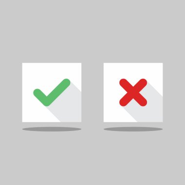 İşaretle ve yanlış işaretle, işaretle, işaretle / işaretle, kabul et / reddet, onayla / onayla, evet / hayır, doğru / yanlış, yeşil / kırmızı, doğru / yanlış, OK / Not Ok - vektör sembolleri yeşil ve kırmızı. İzole edilmiş simge.