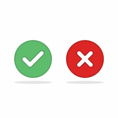 İşaretle ve yanlış işaretle, işaretle, işaretle / işaretle, kabul et / reddet, onayla / onayla, evet / hayır, doğru / yanlış, yeşil / kırmızı, doğru / yanlış, OK / Not Ok - vektör sembolleri yeşil ve kırmızı. İzole edilmiş simge.