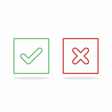 İşaretle ve yanlış işaretle, işaretle, işaretle / işaretle, kabul et / reddet, onayla / onayla, evet / hayır, doğru / yanlış, yeşil / kırmızı, doğru / yanlış, OK / Not Ok - vektör sembolleri yeşil ve kırmızı. İzole edilmiş simge.