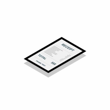 Makbuz kağıdı, fatura çeki, fatura, nakit makbuzu. Siyah vuruş ve gölge tasarımı. Sol görünüm izometrik simgesi. Dükkan makbuzu ya da fatura, vergi / vat ile ATM kontrolü, satış makbuzu ya da nakit makbuzu basıldı.