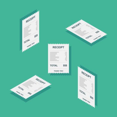 Makbuz kağıdı, fatura çeki, fatura, nakit makbuzu. Isometric & Düz simgesi. Dükkan makbuzu ya da fatura, vergi / vat ile ATM kontrolü, satış makbuzu ya da nakit makbuzu basıldı.