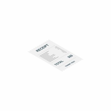 Receipt paper, bill check, invoice, cash receipt. White background. Right view isometric icon. shop receipt or bill, atm check with tax/vat, sale receipt or cash receipt printed. clipart