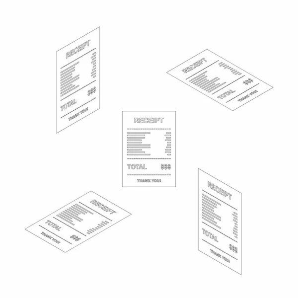 Makbuz kağıdı, fatura çeki, fatura, nakit makbuzu. Siyah özet. Isometric & Düz simgesi. Dükkan makbuzu ya da fatura, vergi / vat ile ATM kontrolü, satış makbuzu ya da nakit makbuzu basıldı.