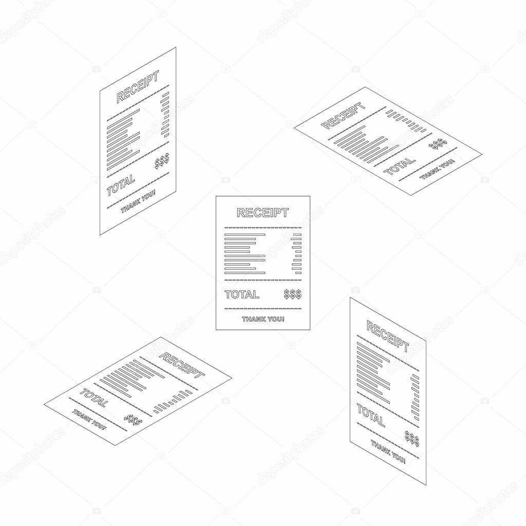 Receipt paper, bill check, invoice, cash receipt. Black outline. Isometric & Flat icon. shop receipt or bill, atm check with tax/vat, sale receipt or cash receipt printed.