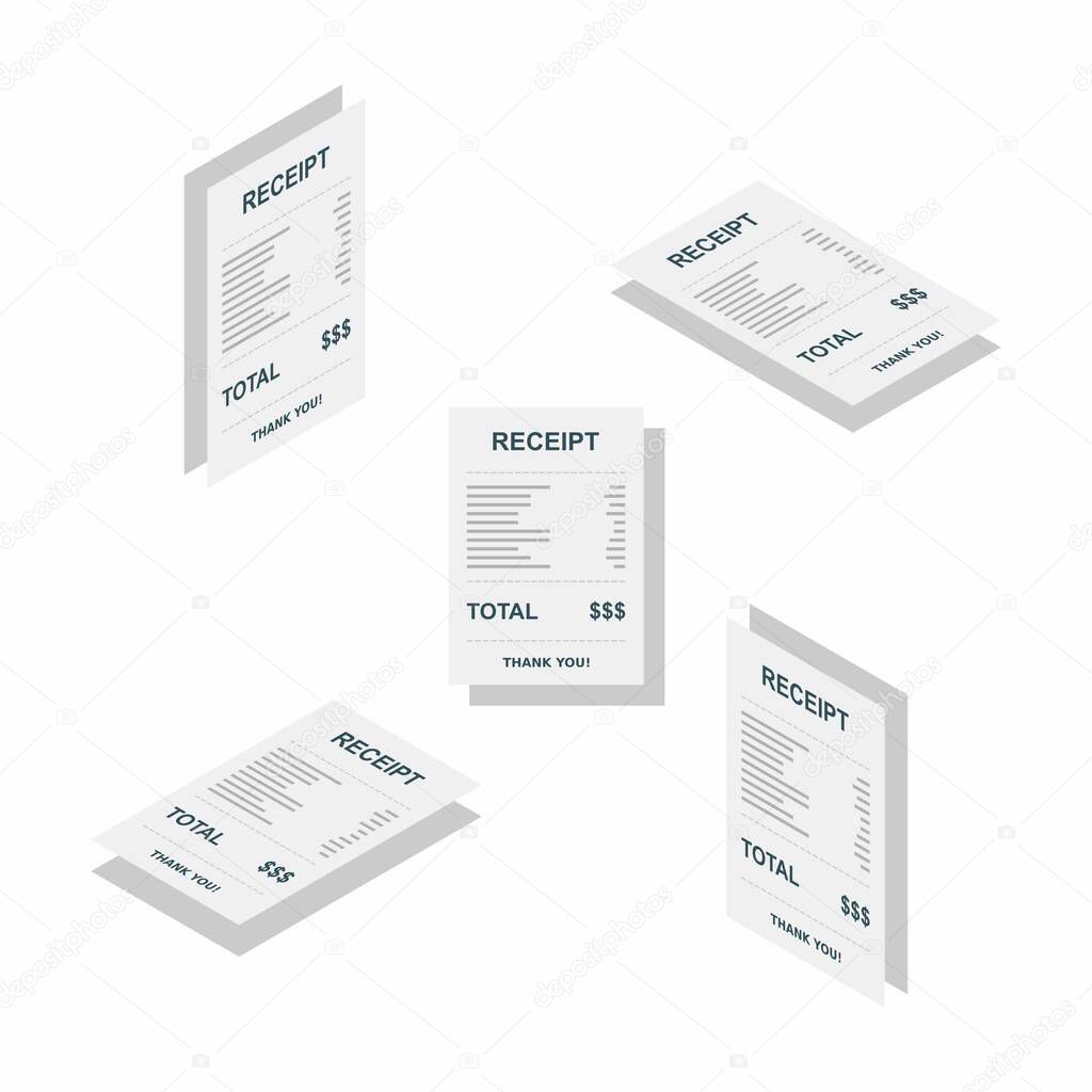 Receipt paper, bill check, invoice, cash receipt. Shadow design. Isometric & Flat icon. shop receipt or bill, atm check with tax/vat, sale receipt or cash receipt printed.