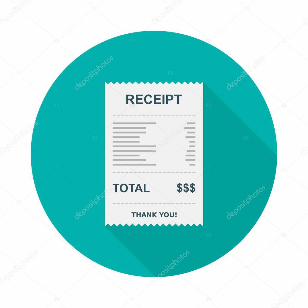 Receipt paper, bill check, invoice, cash receipt. Isolated icon. shop receipt or bill, atm check with tax/vat, sale receipt or cash receipt printed.