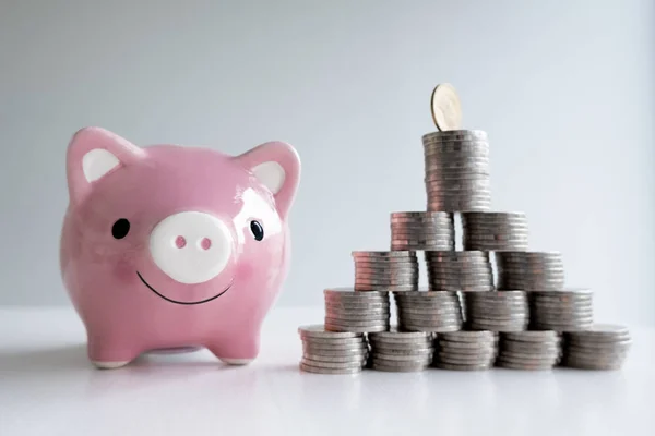 Roze Piggy Money Bank met munten piramide, stap omhoog groeiend bedrijf naar succes en besparing voor pensioen concept — Stockfoto